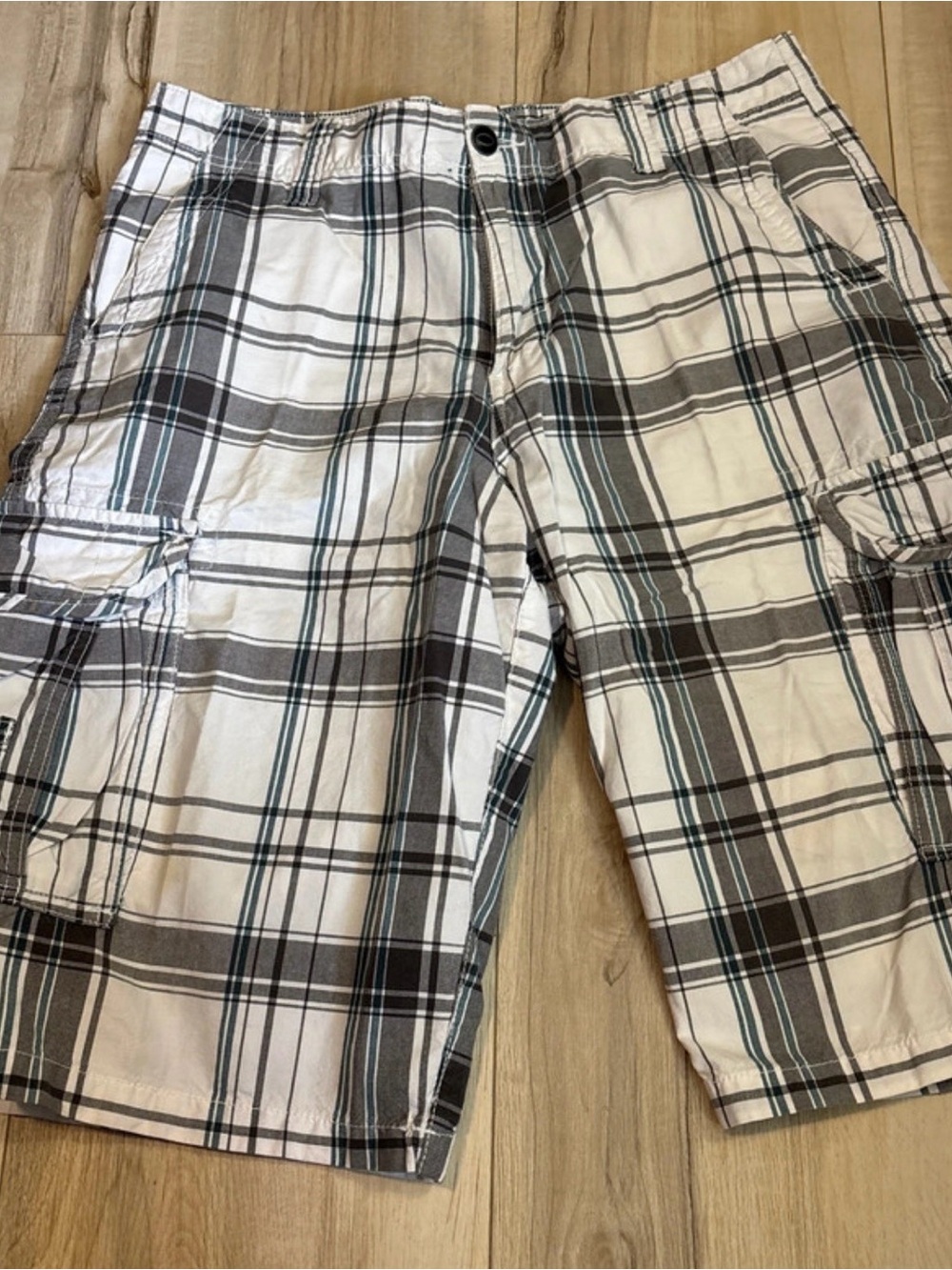 Route 66 Men's White Plaid Cargo Shorts with Black and Teal Stripes